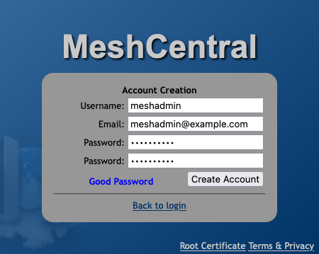 Creating an initial MeshCentral account
