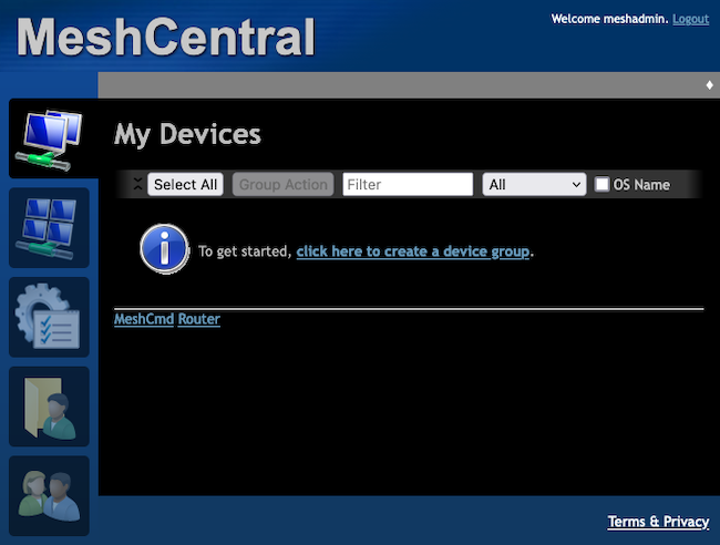 MeshCentral dashboard