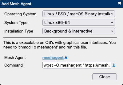 Downloading a Linux agent from MeshCentral