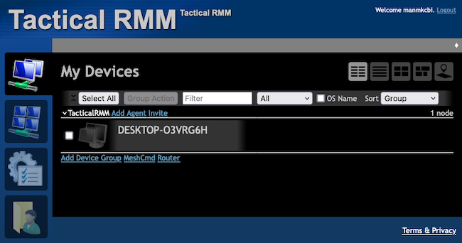 MeshCentral dashboard via Tactical RMM
