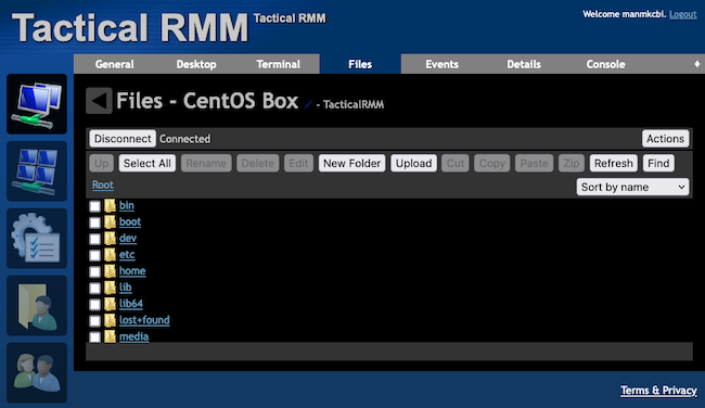 MeshCentral remote file browser to a Linux machine