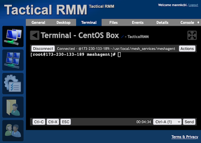 MeshCentral remote terminal to a Linux machine