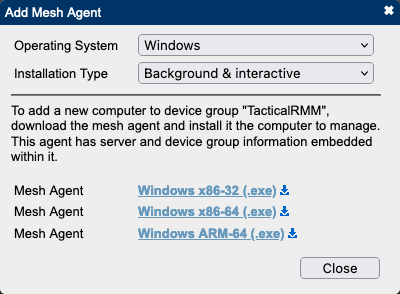 Downloading a Windows agent from MeshCentral