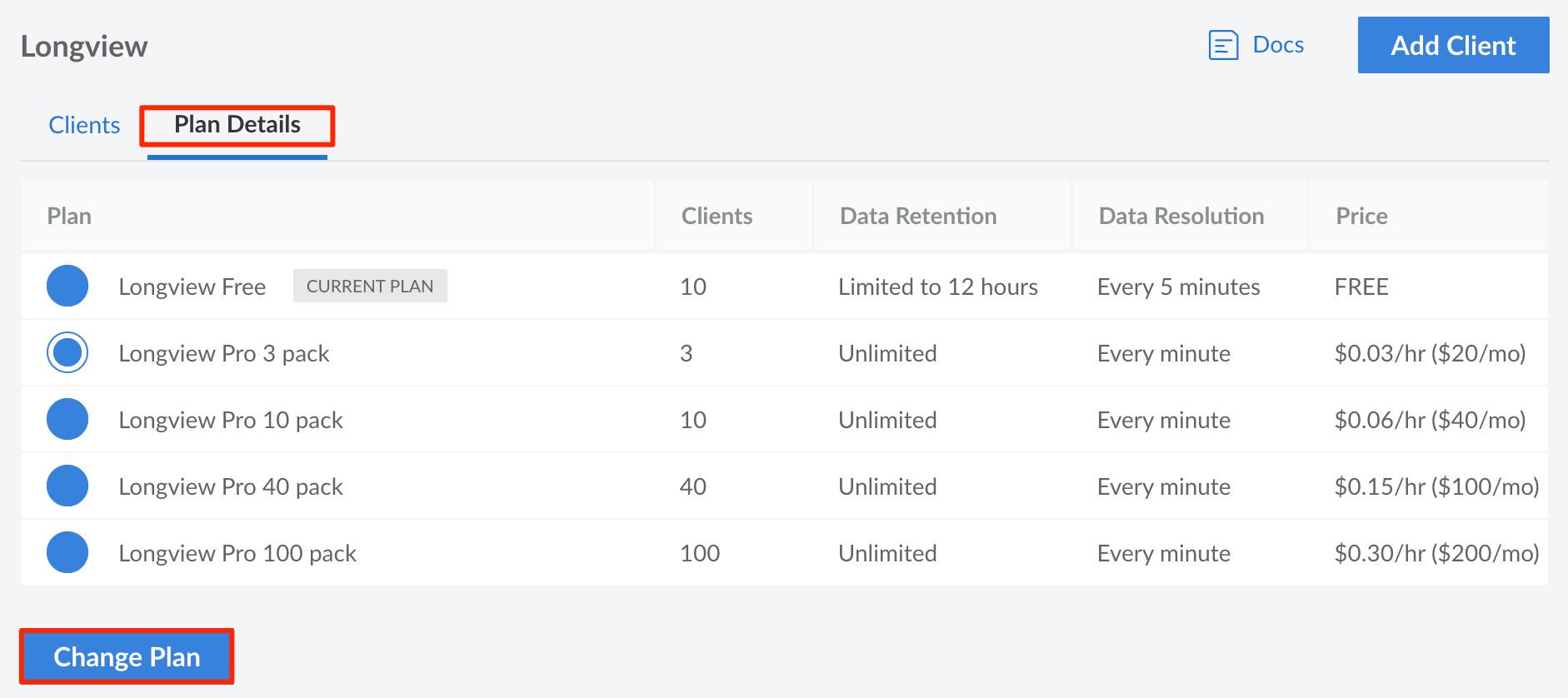 Screenshot of the Longview Plan Details screen in the Cloud Manager Screenshot of the Longview Plan Details screen in the Cloud Manager